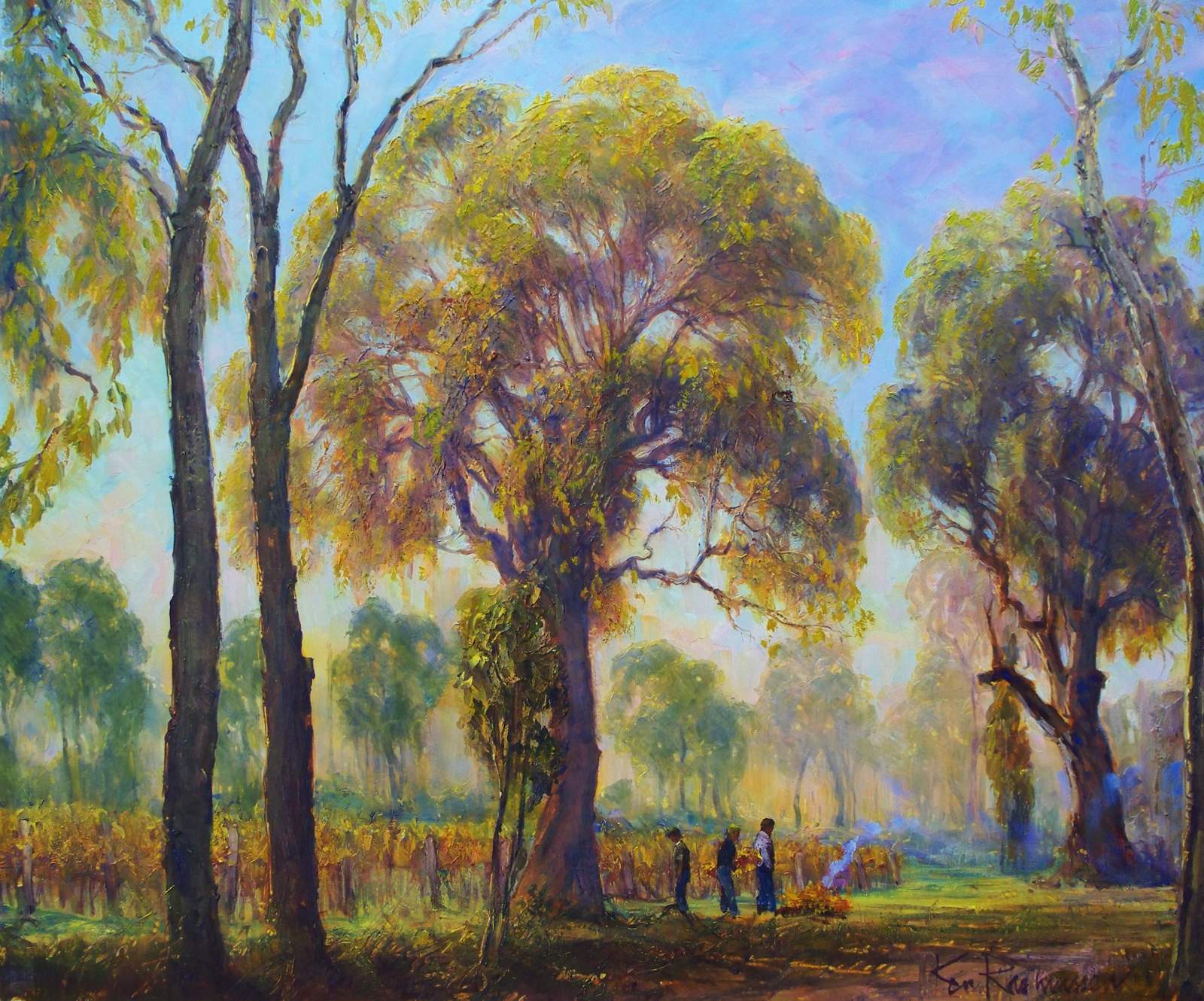 apc-1103-autumn-pruning-beside-caves-road Oil painting by Ken Rasmussen titled - Autumn pruning beside Caves Rd